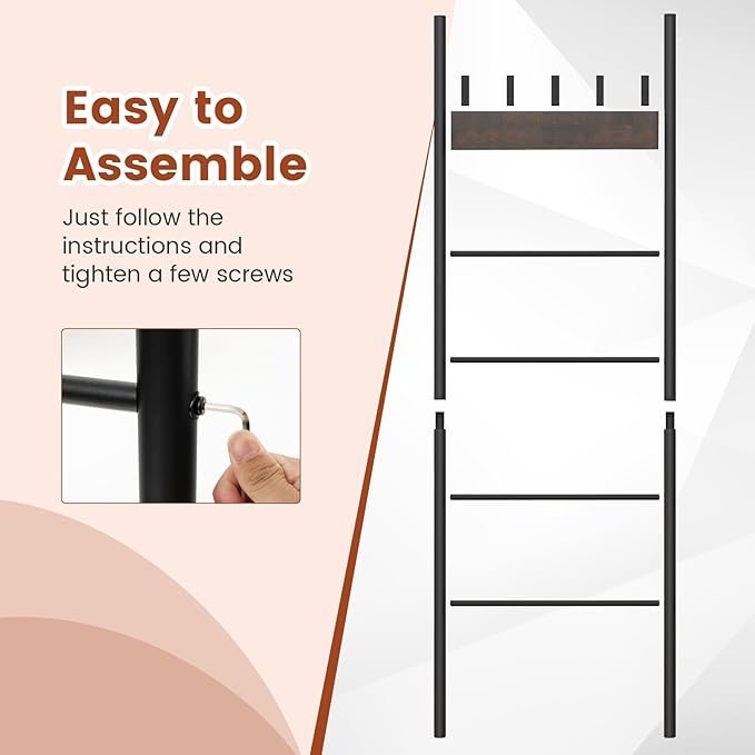 S AFSTAR Wall Leaning Blanket Ladder, 5-Tier Ladder Shelf with 5 Removable Hooks, Industrial Blanket Holder Rack, Drying and 