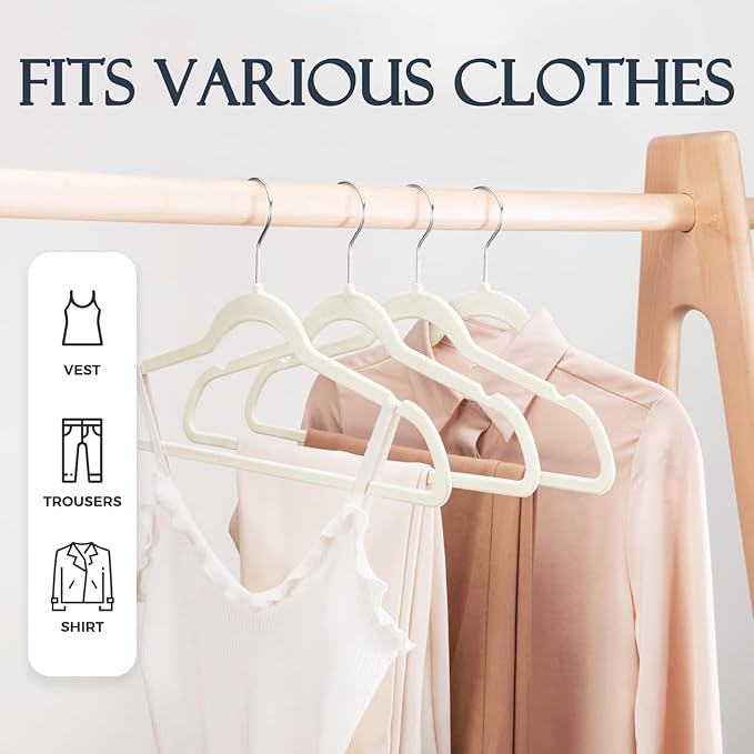 HOUSE DAY Ivory Velvet Hangers 60 Pack, Non Slip Clothes Felt Hanger Heavy Duty for Coat, Premium Slim Space Saving Suit Hang