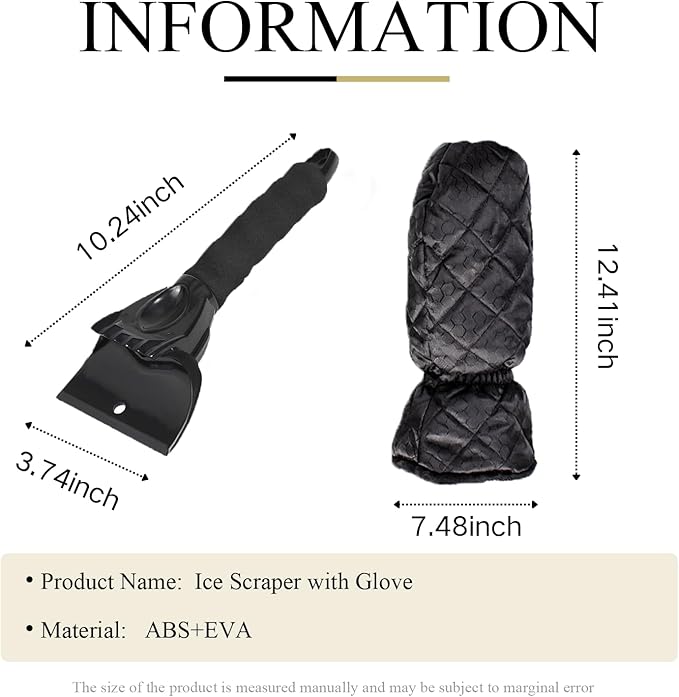 Ice Scraper with Glove - Waterproof Ice Scrapers Snow Removal Tool for Car Windshield, SUV, Truck - Comfortable Mitt Glove for Quick Ice & Snow Removal (Black)