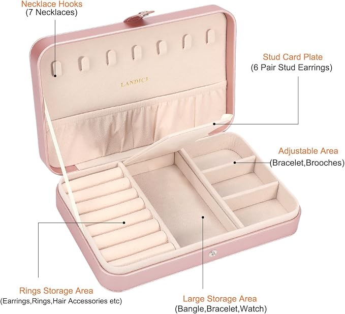 LANDICI Small Jewelry Box for Women Girls, PU Leather Travel Jewelry Case, Portable Jewelry Organizer Storage Holder Display 