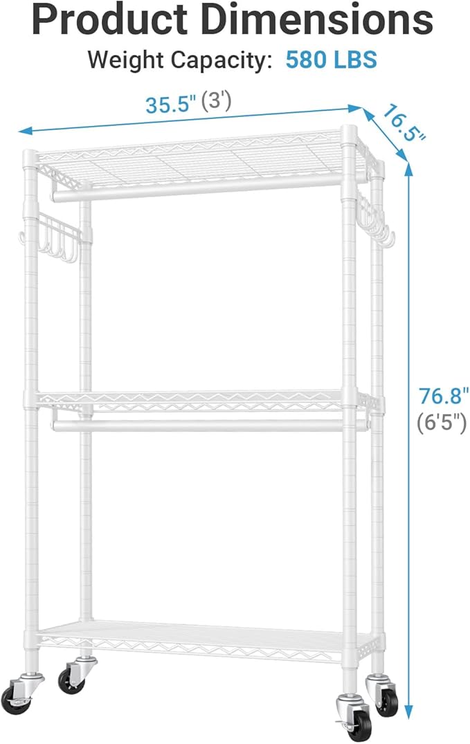 VIPEK R2 Heavy Duty Rolling Garment Rack 3 Tiers Adjustable Clothes Racks with Double Rods & Hooks, Freestanding Wardrobe Clo