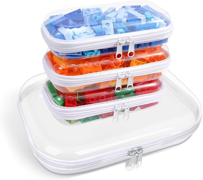 Clear Hard Plastic Zipper Case,Transparent Double Zippers Hard Pouch with 3pcs,Portable Travel Organizer Bin for Toy Storage