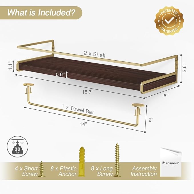 Floating Shelves Bathroom Shelves Over Toilet Set of 2, Bathroom Wall Shelves with Towel Bar, Wall Mounted Vanity Shelf for B