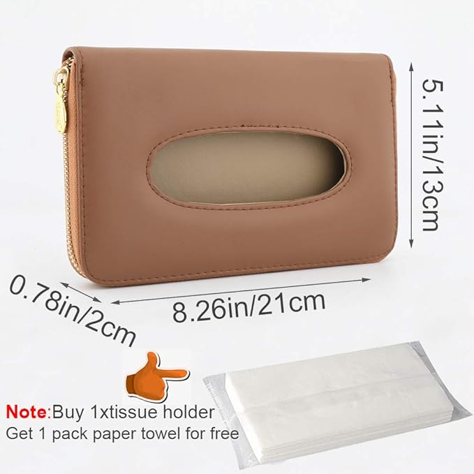 Car Tissue Holder, Sun Visor Tissue Holder, Car Visor Napkin Holder, PU Leather Backseat Tissue Case Holder for Car Vehicle with Zipper (Brown)