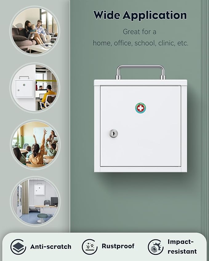 Uniclife Wall Mount Medicine Cabinet with Key Lock & Handle Locking First Aid Cabinet Lockable Medical Cabinet Lightweight Me