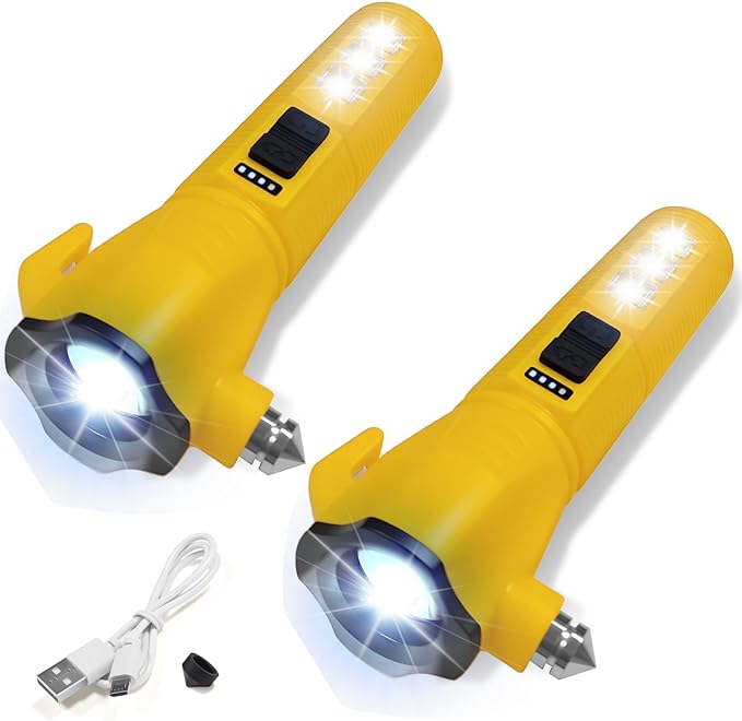 Emergency Car Flashlight - 2000 Lumen Dual Light 4-Level Battery Indicator Window Breaker & Seatbelt Cutter USB Rechargeable 