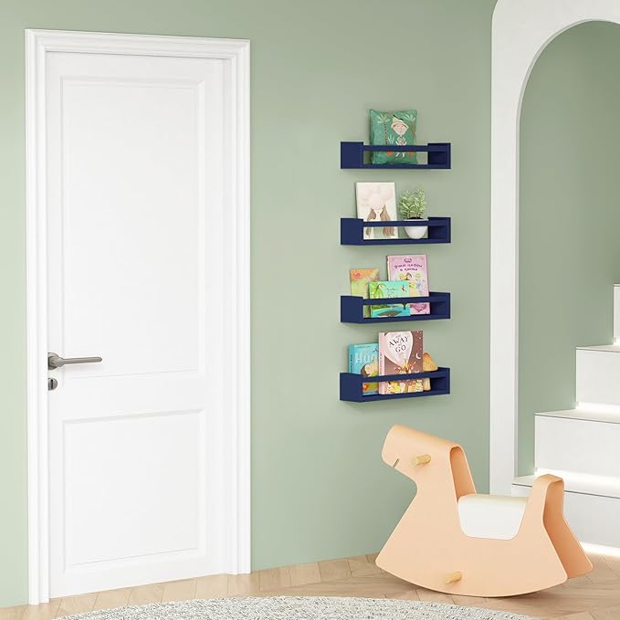 Forbena Navy Blue Floating Book Shelves for Nursery Boy, Decorative Wall Bookshelf for Kids Room, Small Wood Floating Shelves