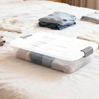 4 Pcs Plastic Under Bed Storage Containers with Handles and Lid Wheels, 23.7 x 15.8 x 4.8 Inch White clear Stackable Latching