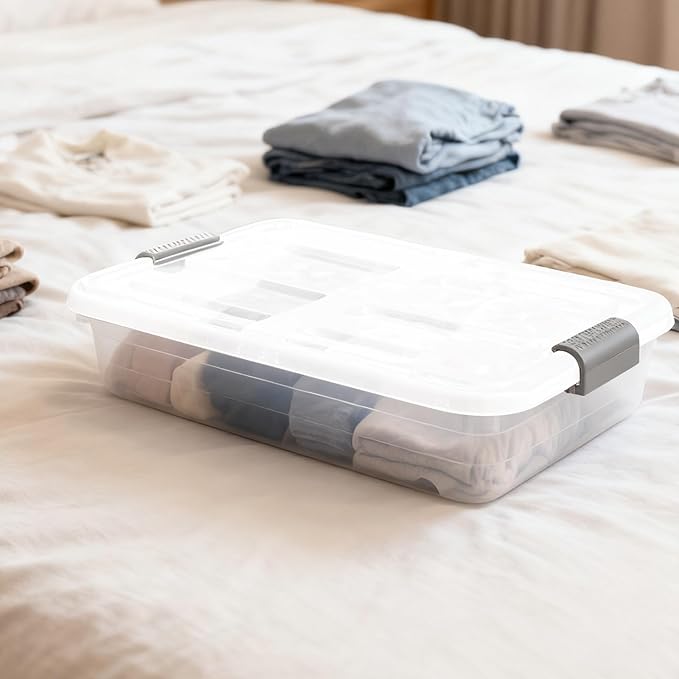 4 Pcs Plastic Under Bed Storage Containers with Handles and Lid Wheels, 23.7 x 15.8 x 4.8 Inch White clear Stackable Latching