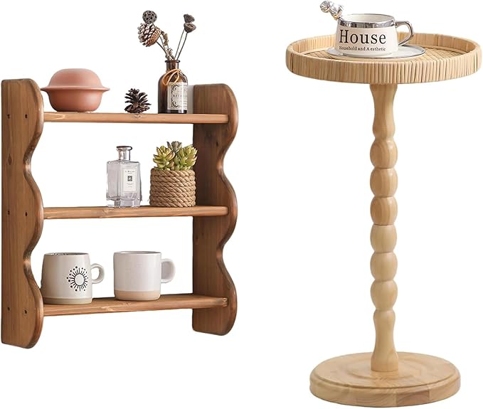 Solid Wood Wall Shelf 3-Tier,Small Side Table,Rustic Floating Shelves Wall Mounted Storage Rack,Rattan Round Drink Tables for