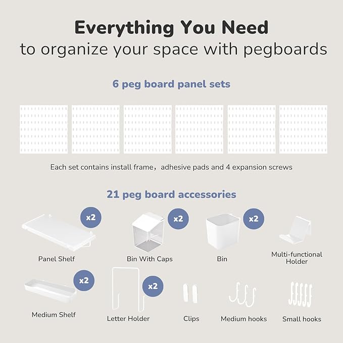 Keepo Peg Board Wall Organizer – Plastic Pegboard Panels, Modular Peg Board Storage System for Home Office, Craft Room, Gamin
