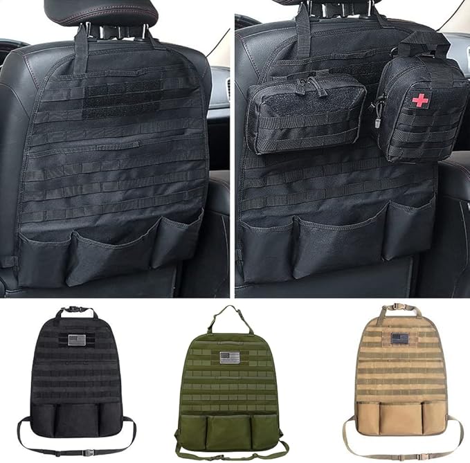 Car Seat Back Organizer - Upgraded Tactical Molle Vehicle Panel Universal Fit SUV Car Seat Cover Protector with Extra USA Flag Patch (Army Green)