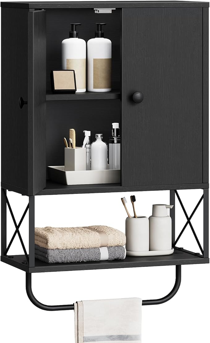 MAHANCRIS Bathroom Wall Cabinet with 2 Door and Adjustable Shelf, Farmhouse Medicine Cabinet with Towel Rack, 3-Tier Wall Mou