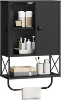 MAHANCRIS Bathroom Wall Cabinet with 2 Door and Adjustable Shelf, Farmhouse Medicine Cabinet with Towel Rack, 3-Tier Wall Mou