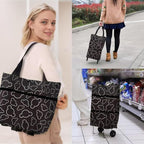 Collapsible Shopping Grocery Bag with Wheels Rolling Tote Bag with Wheels Large Reusable Shopping Bags Foldable Cart(Black Flower,Large)