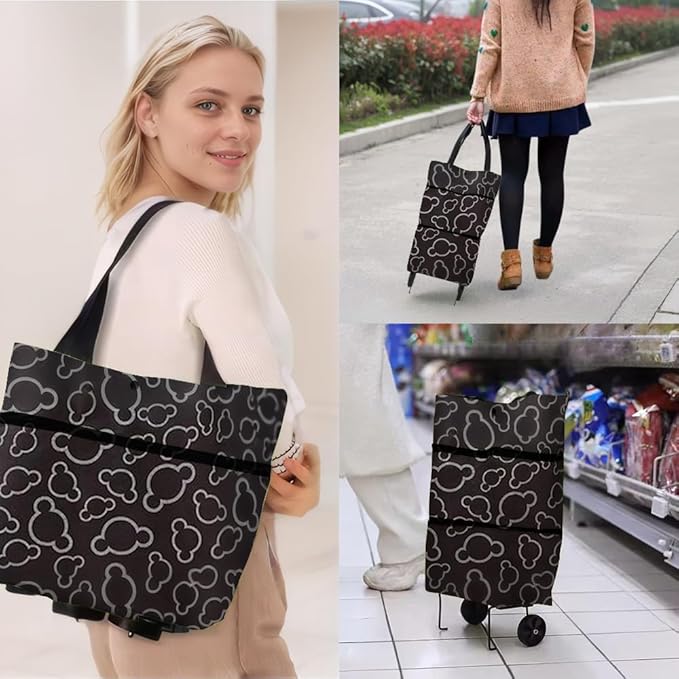 Collapsible Shopping Grocery Bag with Wheels Rolling Tote Bag with Wheels Large Reusable Shopping Bags Foldable Cart(Black Flower,Large)