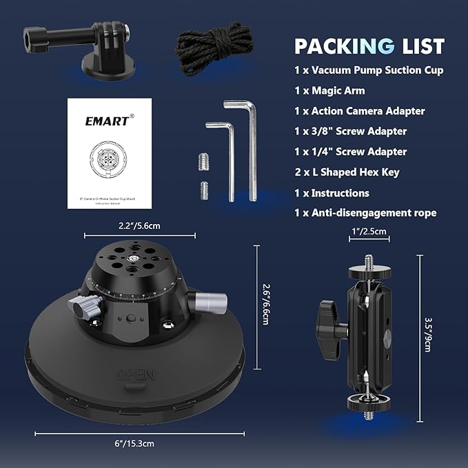 EMART Suction Cup Camera Mount with Adjustable Magic Arm, Metal 6" Suction Cup Mount Compatible with Camera, Action Cam, Phone, Universal 1/4"-3/8" Mount Holes for Windshield, Dash and Smooth Surface
