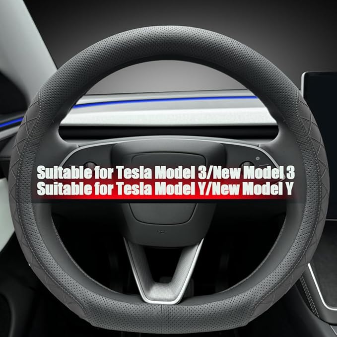 LKWLIKEI Leather Steering Wheel Cover. Elegant Diamond Checkered Design, Non-Slip and Breathable, for Tesla Model 3/Y Steerin