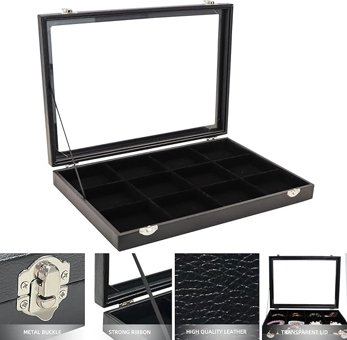 Wudygirl Jewelry Tray 12 Grid Jewelry Organizer with Clear Lid Bracelet Holder Organizer Display Case Removable, Black Velvet