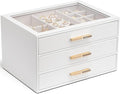 Vlando Jewelry Box for Women, Glass Lid Jewelry Organizer with 3 Drawers for Necklaces Rings Earrings Bracelets Christmas Gif