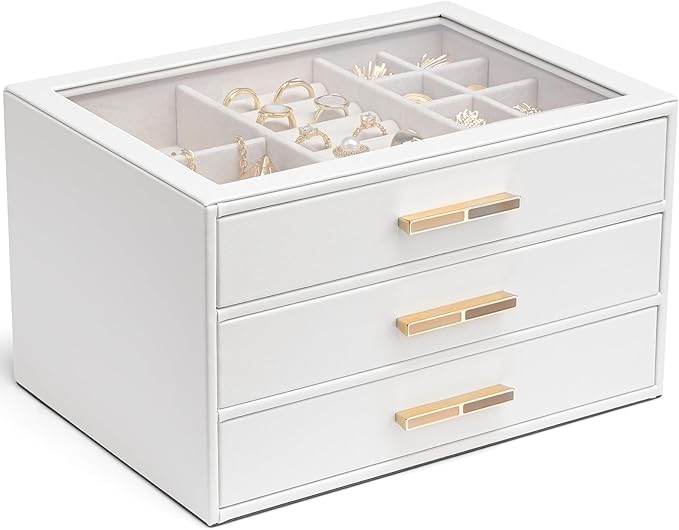 Vlando Jewelry Box for Women, Glass Lid Jewelry Organizer with 3 Drawers for Necklaces Rings Earrings Bracelets Christmas Gif