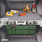 AUCELI Car Trunk Organizer, Backseat Hanging Large Storage with Adjustable Straps, Waterproof Collapsible Cargo Bag with 4 Pockets, Sturdy Space Saver Frees Trunk Floor for SUV, Truck, MPV