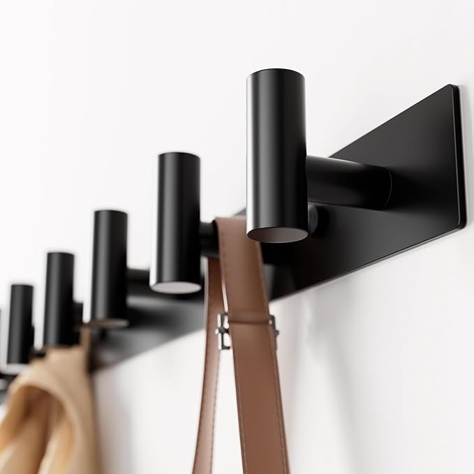 GWAAZXGZ Black Wall Mounted Coat Rack – 5 T-Shaped Pegs for Hats, Bags & Towels, Heavy-Duty Metal Rail for Entryway, Bathroom