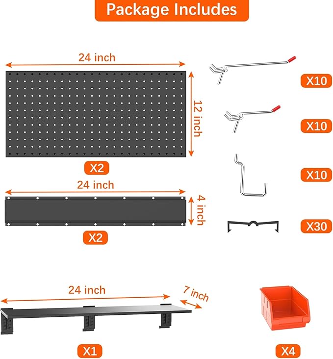 TORACK Garage Metal Pegboard with Accessories, Tools Organizer Peg Board with Pegboard Hooks, Wall Mounted Bins, Tool Storage