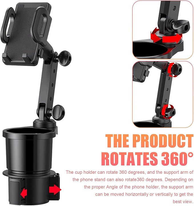 Car Cup Holder Mobile Phone Rack, Multi-Function 2 in 1 Cup Holder Expander, 360 Degrees Rotatable Automotive Phones Mount, U