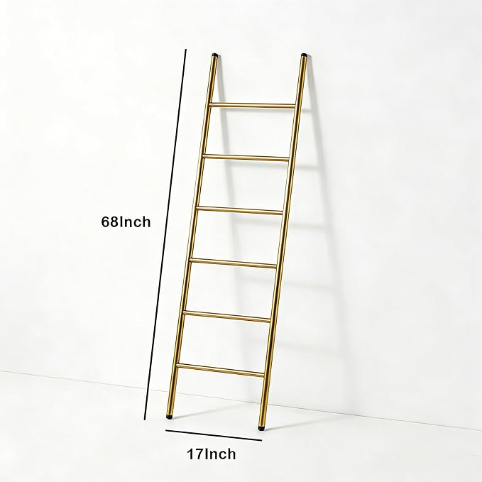 6-Tier Blanket Ladder 68 Inch Wall-Leaning Towel Rack for Living Room and Bedroom, Easy Assembly - Gold