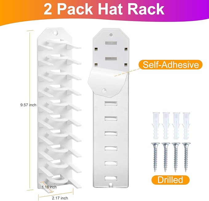 Hat Organizer for Baseball Caps, 2 Pack Hat Rack for Wall, Wall Mounted Adhesive Cap Rack, Hat Holder Hanger Hold Up to 20 Ca