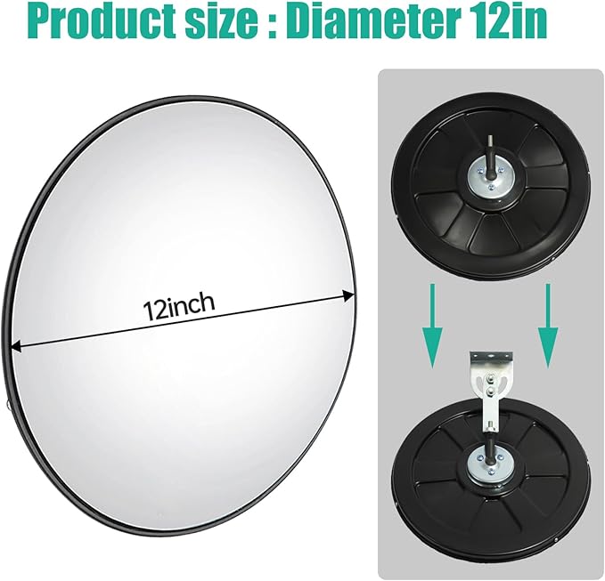 12" Convex Traffic Mirror for Outdoor & Indoor Use – Wide Angle 180° Curved Safety Mirror with Adjustable Mounting Bracket, Ideal for Driveway, Garage, Parking Lot, Warehouse & Blind Spot Monitoring