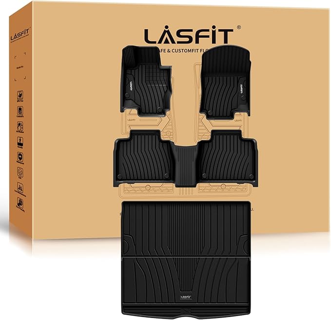 LASFIT Floor Mats & Cargo Mat for Mercedes Benz GLE SUV 2020-2026 350/450/ 53 AMG (Not Fit Coupe; Fit 5 Seats), All Weather TPE Anti-Slip Car Mats Custom Fit for GLE 1st & 2nd Row Set & Trunk Mat