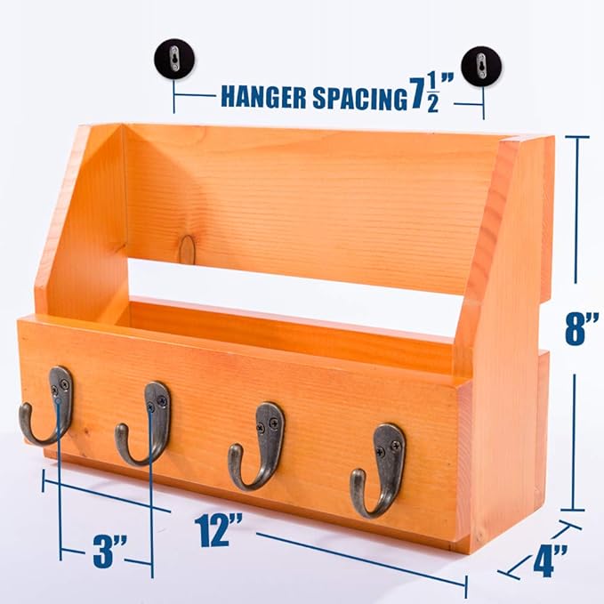 Flintar Wall Mounted Key and Mail Holder with 4 Hooks. Made of Solid Wood. Use as Key Rack, Entryway or Mudroom Organizer, Ma