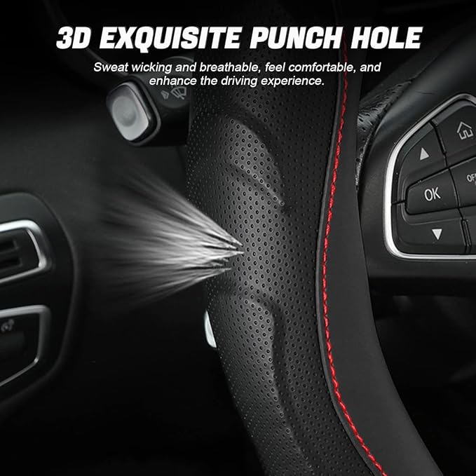 Leather Steering Wheel Cover, Auto Car Stretch Steering Wheel Protector, Universal 15 Inch Anti-Slip Breathable Odorless Stee