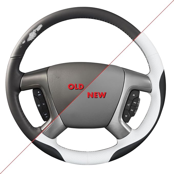 MEWANT Hand Stitch Steering Wheel Wrap Black White Faux Leather Interior Restore Kit for 2007-2013 Chevy Silverado 1500 2007-2014 Silverado 2500 3500 Tahoe Suburban Avalanche 2009-2017 Traverse