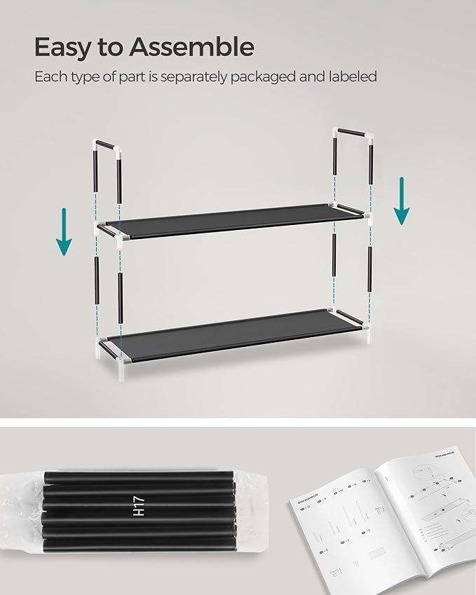 SONGMICS 2-Tier Shoe Rack, Shoe Storage for Hallway Closet, Slim and Space-Saving, Metal Frame, Non-Woven Fabric Shelves, Bla