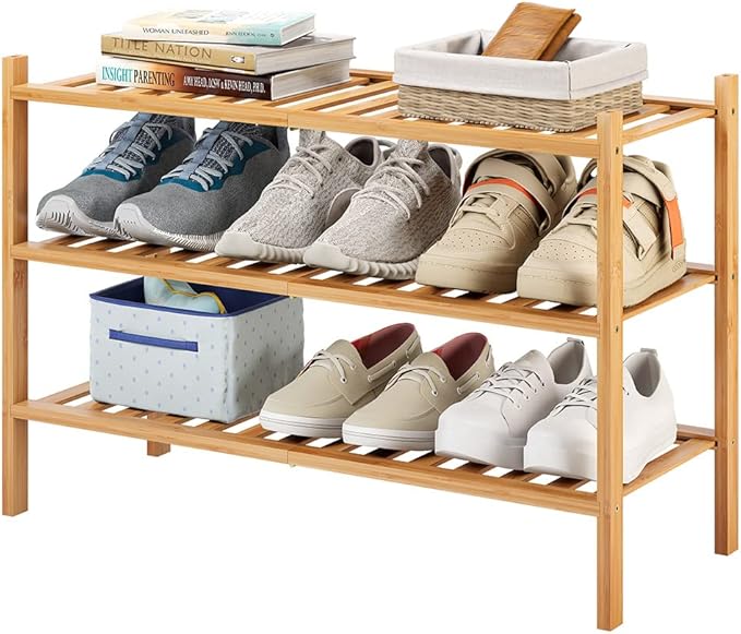 3-Tier Bamboo Shoe Rack for Entryway, Stackable | Heavy Duty | Multi-Function, Free Standing Shoe Racks for Bedroom Hallway C
