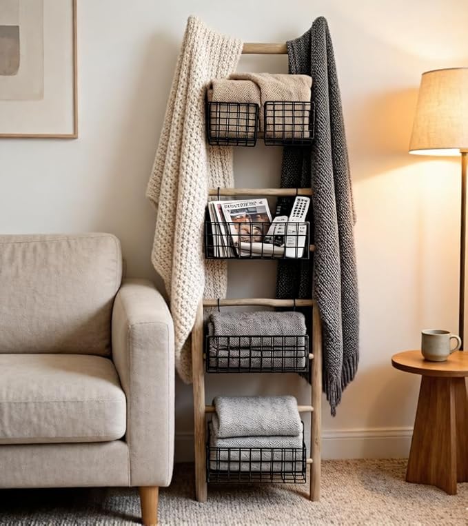 PARISLOFT 8-Tier Wooden Blanket Ladder with 5 Removable Baskets, Farmhouse Leaning Ladder Shelves for Living Room & Bedroom, 