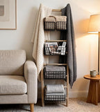 PARISLOFT 8-Tier Wooden Blanket Ladder with 5 Removable Baskets, Farmhouse Leaning Ladder Shelves for Living Room & Bedroom, 