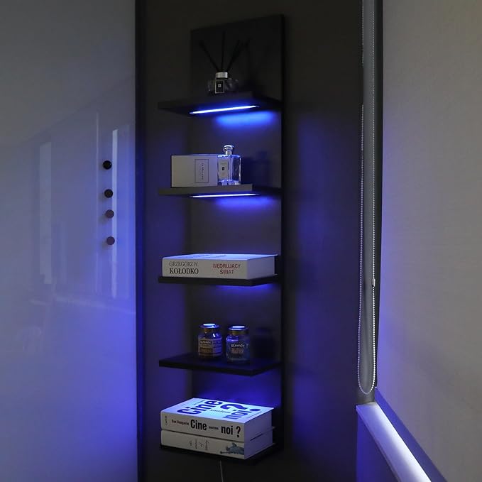5 Tier Wall Shelf Unit, RGB Lack Shelf, Vanity Shelves with Light,Black Shelves for Room,Office,Bathroom,Remote Control