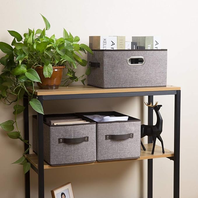 PRANDOM Large Foldable Storage Bins for Shelves [3-pack] Decorative Linen Fabric Storage Baskets Cubes with Leather/Metal Han