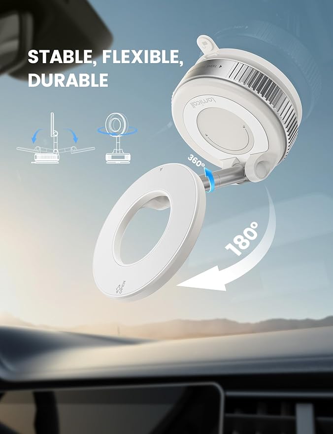 Lamicall Car Phone Mount - [70 LBS Strongest Suction] for Magsafe Car Mount, 360° Adjustable Suction Cup Phone Mount Dashboard Windshield Vacuum Magnetic Phone Holder for Car White