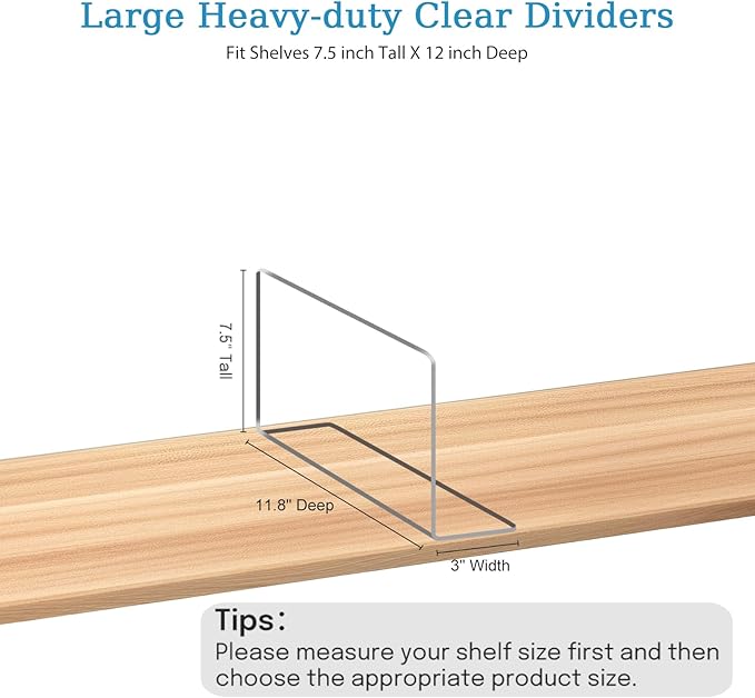 OKPOW Shelf Dividers Closet Organizer - 7.5" Tall X 11.8" Deep Acrylic Clear Sturdy Separate for Clothes Purse - Adjustable S