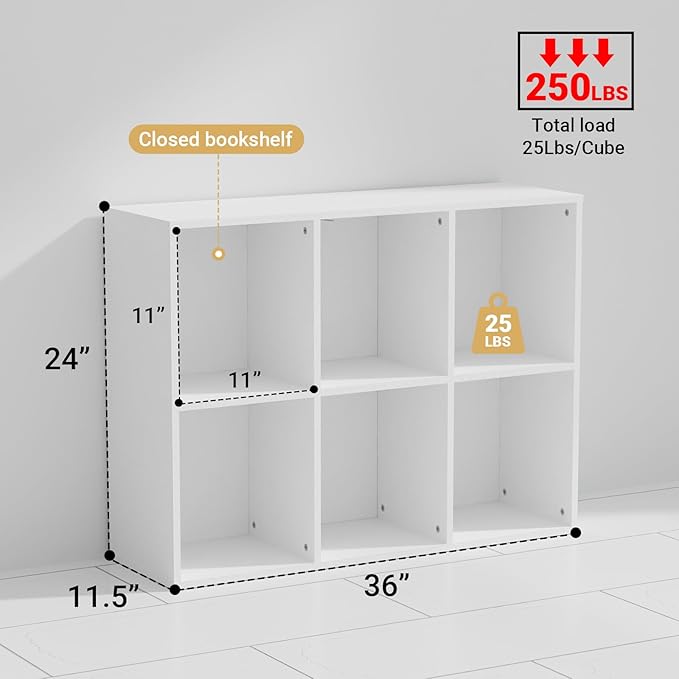 6 Cube Storage Organizer with Anti Tipping Kits, Horizontal Vertical Bookshelf Display Shelf with Closed Back Panel, Modern W