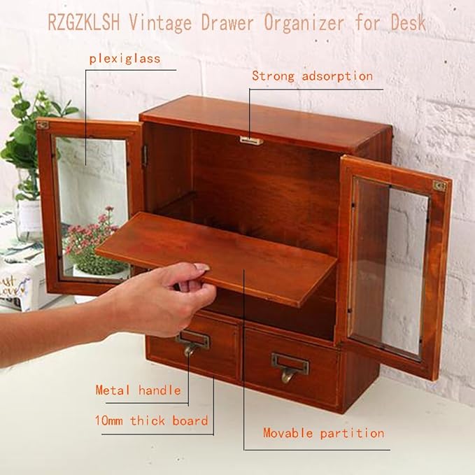 Rustic Vintage Mini Pine Counter Top Cabinet - 12" L x 4.7" W x 14" H with 2 Doors & 2 Drawers, Antique Apothecary Spice Cabi