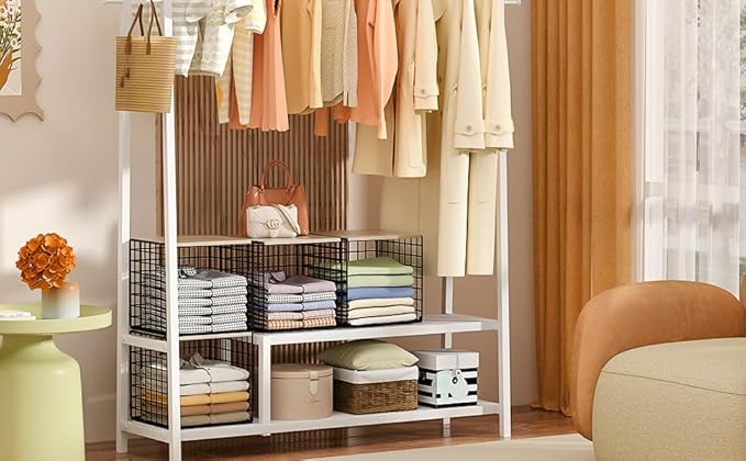 3PCS Stackable Closet Organizers and Storage, Shelves with Wood Top Extra Storage, Clothes Organizer Basket, Bin, or Tube for