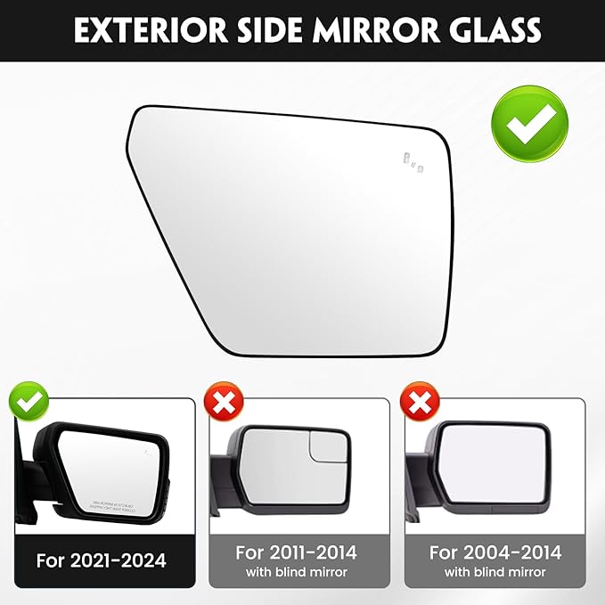 Passenger Heated Mirror Glass Replacement for Ford F150 2021 2022 2023 2024, Right Side Rearview Mirror with Blind Spot Light and Backing Plate Fits F150 2021 2022 2023 2024