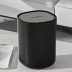 MRBIN Desk Mini Car Trash Can, 0.4 Gallon Table Top Plastic Waste Basket with Stainless Steel Lid, Small Garbage Bin for Bedroom, Coffee Bar, Vanity Countertop, Black