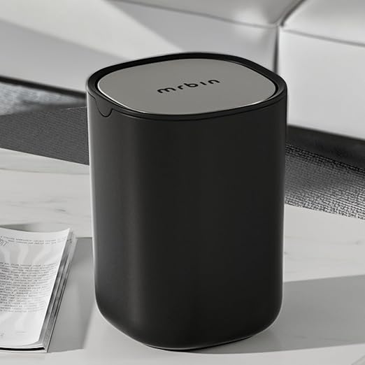 MRBIN Desk Mini Car Trash Can, 0.4 Gallon Table Top Plastic Waste Basket with Stainless Steel Lid, Small Garbage Bin for Bedroom, Coffee Bar, Vanity Countertop, Black